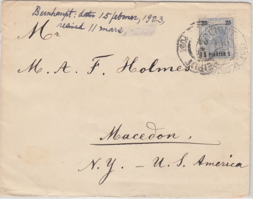Österreich/Levante - 1 Pia./25 H. Brief n. USA Beirut - Macedon 1903