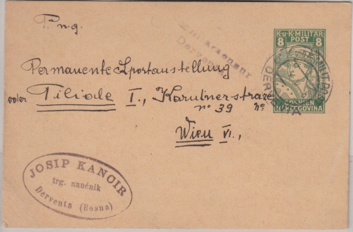 Bosnien & Herzegowina - 8 H. Krieger Ganzsache Derventa - Wien 1916