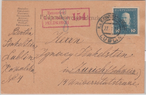 Österreich/Feldpost - 10 H. Fr. Joseph Karte i.d. SCHWEIZ KuK FpA Lublin 27.1.17