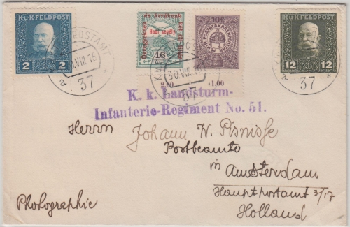 Österreich/Feldpost - 12 H. Fr. Joseph MIF/Ungarn Brief n. HOLLAND FpA 37 1916