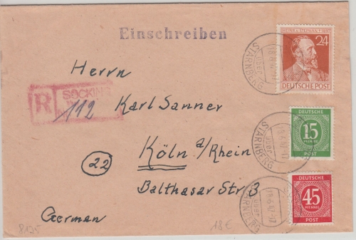 All.Bes. - Söcking ü. Starnberg Pst I Einschreiebrief n. Köln 1947