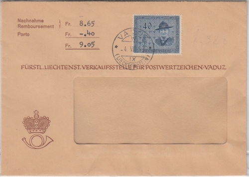 Liechtenstein - 40 Rp. Pfadfinderkonferenz Nachnahmebrief Vaduz 1953