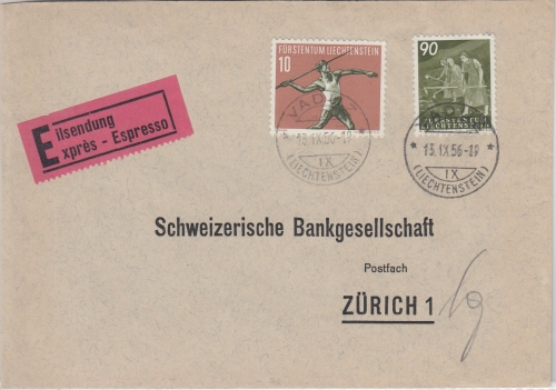 Liechtenstein - 90 Rp. Freimarke u.a. Eilbrief i.d. SCHWEIZ Vaduz - Zürich 1956