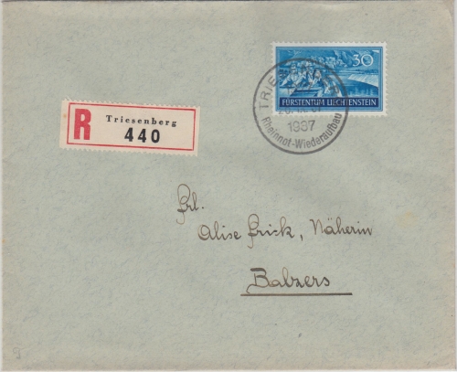 Liechtenstein - 30 Rp. Arbeitsbeschaffung Einschreibebrief SST Triesenberg 1937