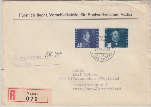 Liechtenstein - 40+50 Rp. Flugpioniere Einschreibebrief Vaduz - Netzschkau 1948