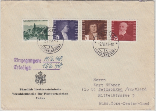 Liechtenstein - 25 Rp. Flugpioniere u.a. Brief Vaduz - Netzschkau 1948