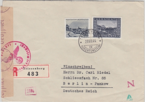 Liechtenstein - 50 Rp. Binnenkanal u.a. Einschreibebrief Triesenberg Berlin 1944