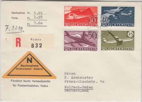 Liechtenstein - 30 J. Flugpost Satz Nachnahme Einschreibebrief/FDC Vaduz 7.4.60