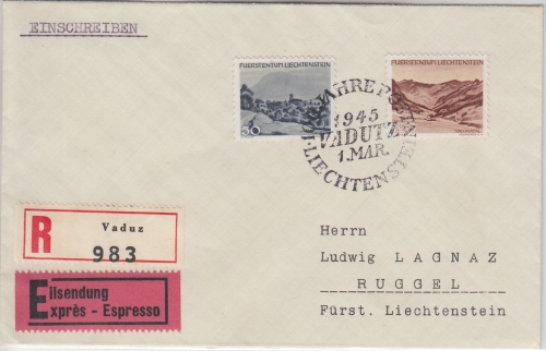 Liechtenstein - 50+120 Rp. Landschaften Eil-Einschreibebrief SST Vaduz 1945