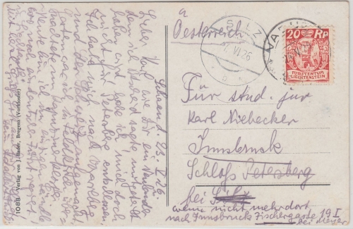 Liechtenstein - 20 Rp. Freimarke Karte n. ÖSTERREICH Vaduz - Silz 1926