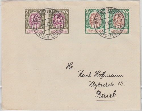 Liechtenstein - 2x7 1/2 Rp. Winzer u.a. Brief Triesenberg - Basel 1930