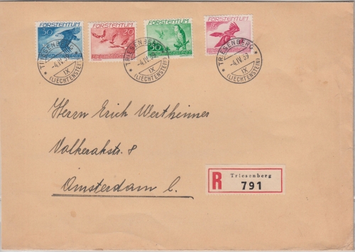 Liechtenstein - 1 Fr. Flugpost u.a. Einschreibebrief n. HOLLAND Triesenberg 1939