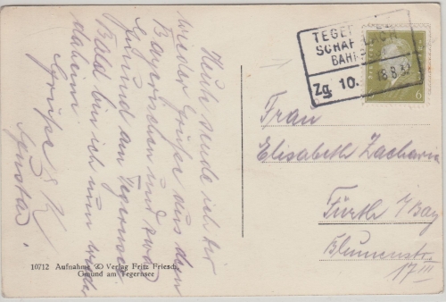 DR - Bahnpost Tegernsee Schaftlach Zg. 10 Karte Gmund - Fürth 1932