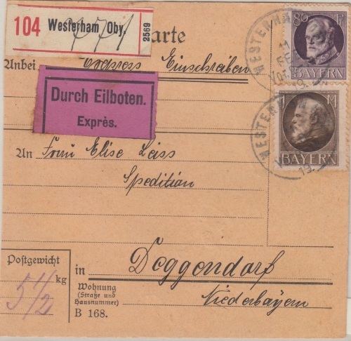 Bayern - 1 M.+80 Pfg. Ludwig Einschreibe-Eilboten-Paketkarte Westerham 1919