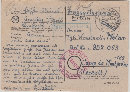 All.Bes./Frankreich - Kreuth 11.8.47 Kriegsgefangenenkarte Arnsberg Montpellier