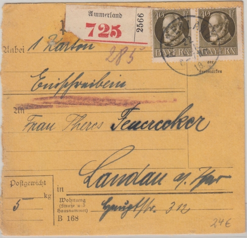 Bayern - 2x40 Pfg. Ludwig Einschreibepaketkarte Ammerland - Landau 1918