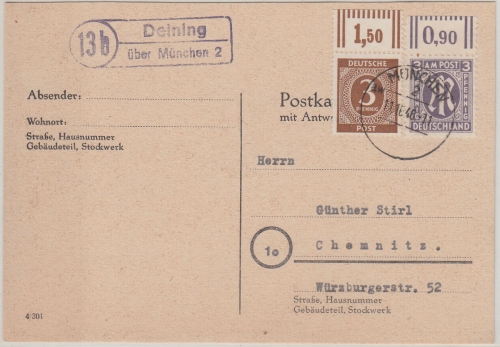 All.Bes./AM-Post - (13b) Deining ü. München 2 Landpoststelle Karte 1946