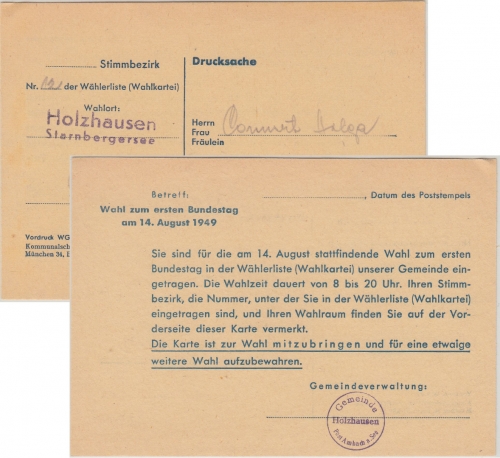 BRD - Holzhausen 1949 1. Bundestagswahl Wahlkarte
