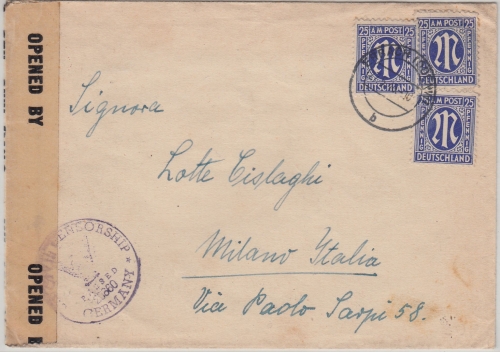 AM-Post - 3x25 Pfg. amerik. Druck Zensurbrief n. ITALIEN Erbach Odw. 17.5.46