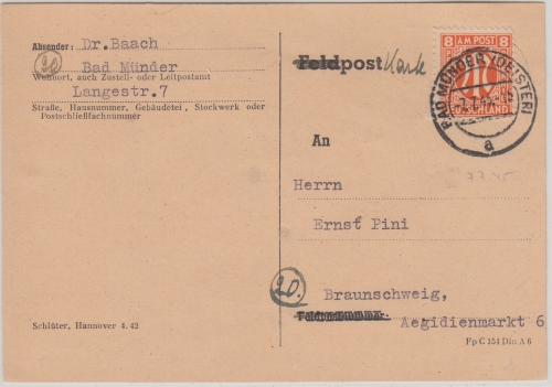AM-Post - 8 Pfg. amerik. Druck Karte Bad Münder - Braunschweig 7.7.45