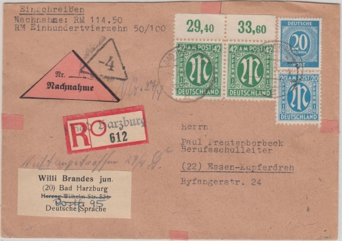 AM-Post - 42 Pfg. Paar/Oberrand ua. Nachnahme Einschreibebrief Bad Harzburg 1946