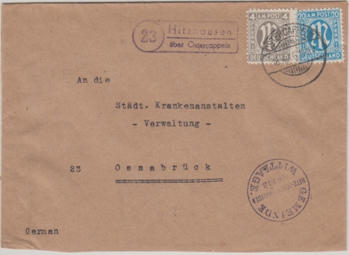 AM-Post - (23 Hitzhausen ü. Ostercappeln Landpost-Stpl. Brief n. Osnabrück 1946