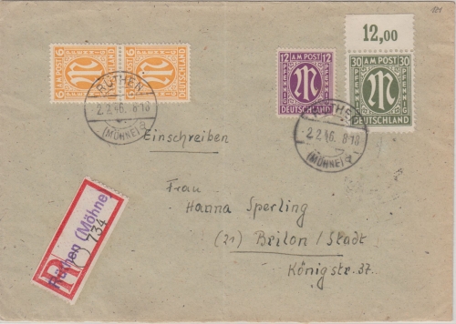 AM-Post - 30 Pfg. Oberrand u.a. Einschreibebrief Rüthen (Möhne) - Brilon 2.2.46