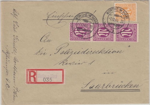 AM-Post - 3x12+6 Pfg. Einschreibebrief Northeim - Saarbrücken 7.12.45