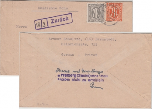 AM-Post - Darmstadt 28.2.46 Brief n. Freiberg Sa. - Retourvermerk