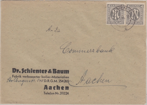 AM-Post - 4 Pfg. engl. Druck Paar Ortsbrief Aachen 1.2.46