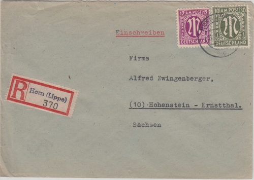 AM-Post - 30+12 Pfg. Einschreibebrief Horn (Lippe) Hohenstein-Ernstthal 11.2.46