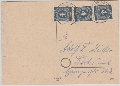 All.Bes./Kontrollrat - 3x4 Pfg. Ziffer Karte Heiligenstadt - Dortmund 1946