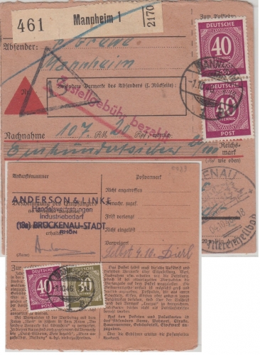 All.Bes./Kontrollrat - 3x40+30 Pfg. Ziffer Nachnahme-Paketkarte Mannheim 1946