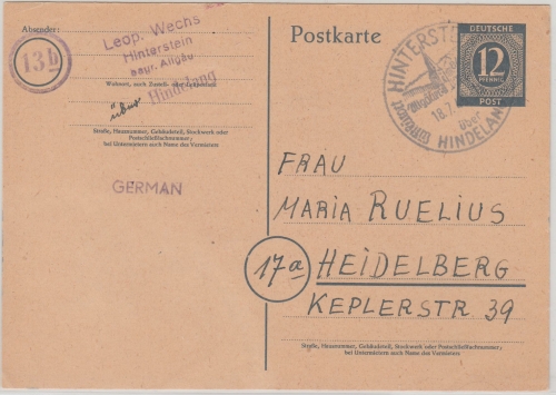 All.Bes./Kontrollrat - Hinterstein ü. Hindeland Pst I Handwerbestempel 1946