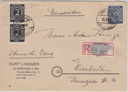 All.Bes./Kontrollrat - 80+2x2 Pfg. Ziffer Einschreibebrief Zwickau 1948