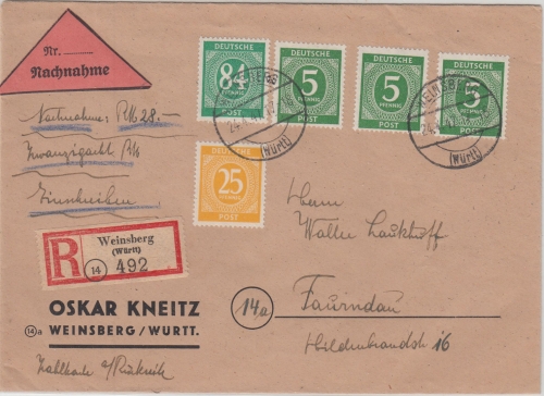 All.Bes./Kontrollrat - Weinsberg 1947 Nachnahme Einschreibebrief n. Faurndau