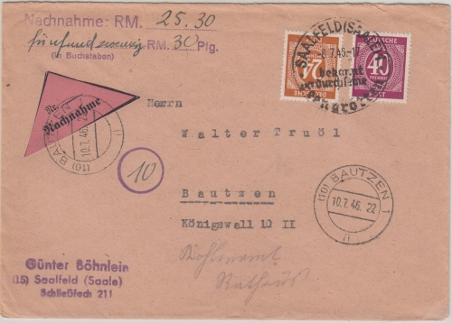 All.Bes./Kontrollrat - Saalfeld 1946 Handwerbestempel Nachnahmebrief n. Bautzen