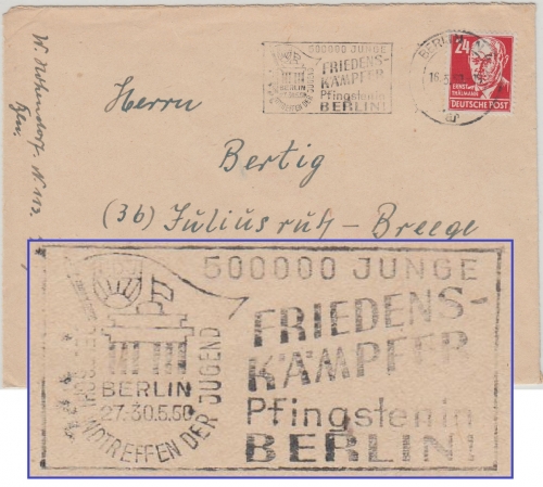 DDR - Deutschlandtreffen der Jugend Masch.werbestpl. Brief Berlin 1950