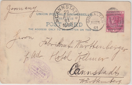 Gibraltar - 1 P. Victoria Ansichtskarte n. Cannstatt 1901