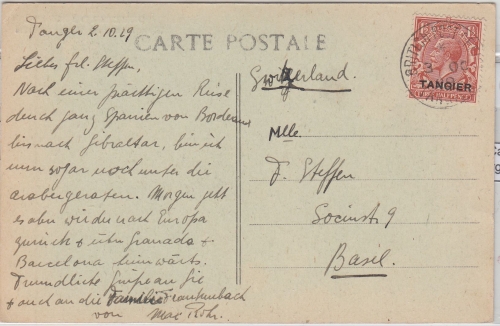 GB PO Tangier - 1 1/2 P. Überdruck AK i.d. SCHWEIZ 1919