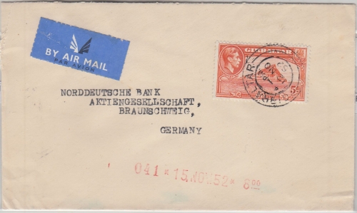 Gibraltar - 5 P. Freimarke Luftpostbrief n. Braunschweig 1952