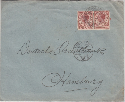 Gibraltar - 2x 1 1/2 P. Eduard VII. Brief n. Hamburg 1923