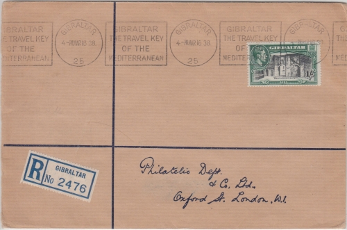 Gibraltar - 1 Sh. Freimarke Einschreibebrief n. Oxford 16.3.1938 (FDC ?)