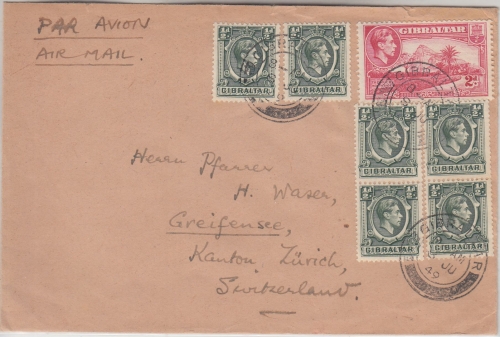 Gibraltar - 6x1/2+2 P. Freimarke Luftpostbrief i.d. SCHWEIZ 1949