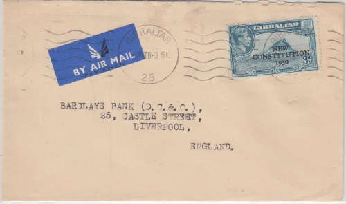 Gibraltar - 3 P. Freimarke/Constitution 1950 Luftpostbrief n. Liverpool 1951