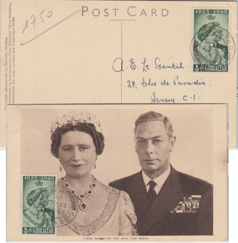 Gibraltar - 2x1/2 P. Silberhochzeit AK (Königspaar) n. Jersey 1948