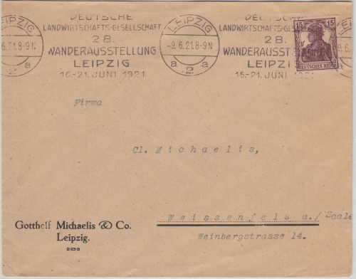 DR - Dt. Landwirtschaftsgesellschaft 28. Wander-Ausst. Leipzig Brief 1921
