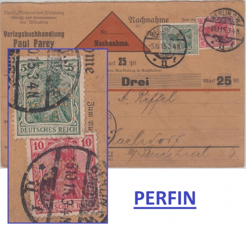 DR - 5+10 Pfg. Germania Perfin "P.P." Nachnahmekarte Berlin - Karlsdorf 1915