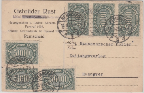 DR-Infla - 6x5.000 M. Queroval Firmenkarte Remscheid - Hannover 13.9.23