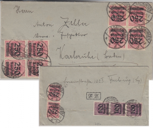DR-Infla - 10x250 Tsd/500 M.+2x100 Tsd/100 M Brief Säckingen - Karlsruhe 3.10.23
